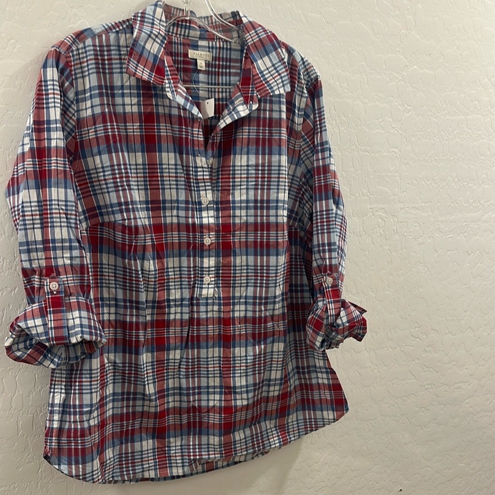 NWT cotton Talbots‎ women X plus size long Red multi Plaid Button-Up Shirt xl